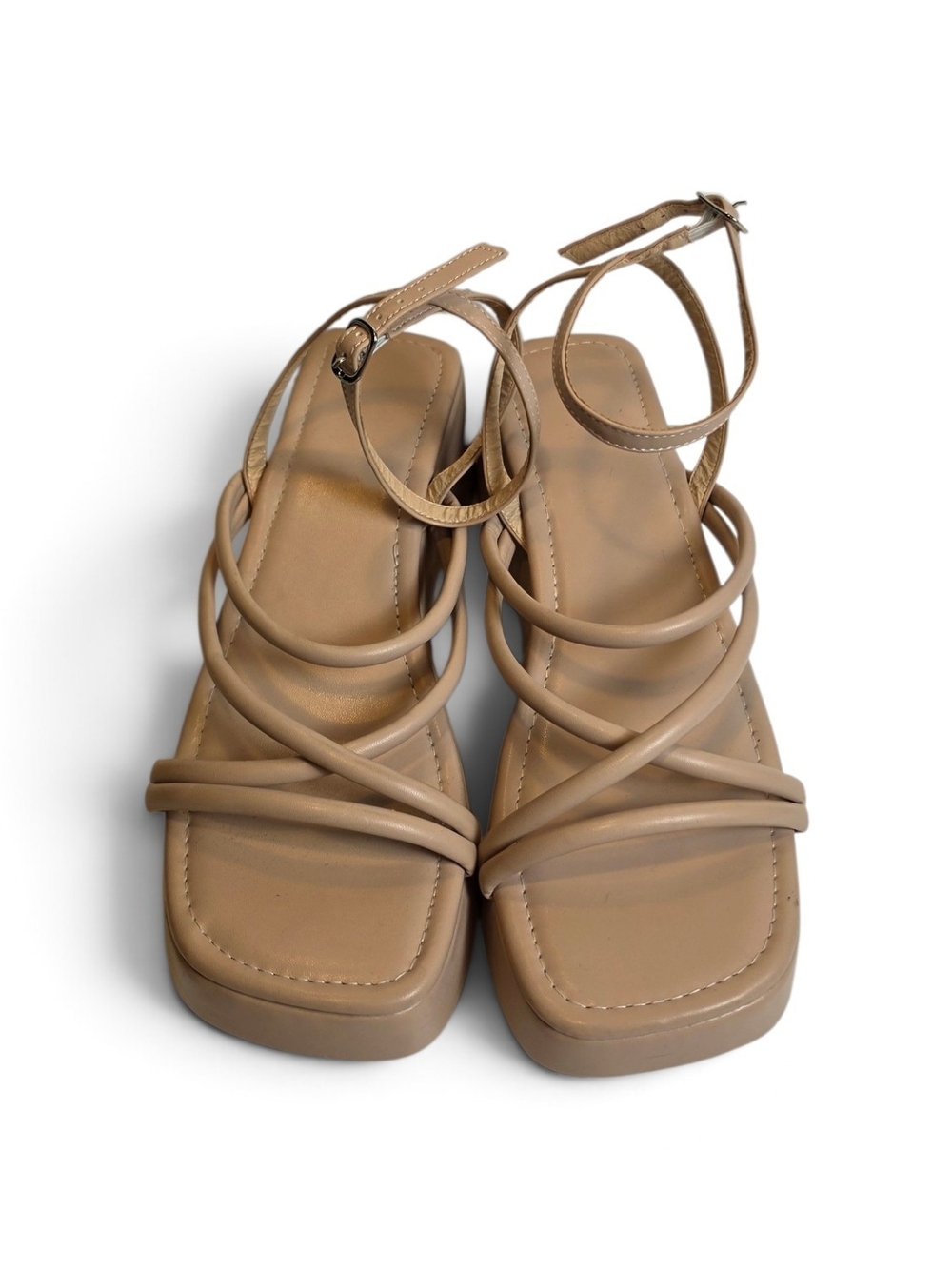 Blush Pink Strappy Platform Sandals Chunky Heel Square Toe